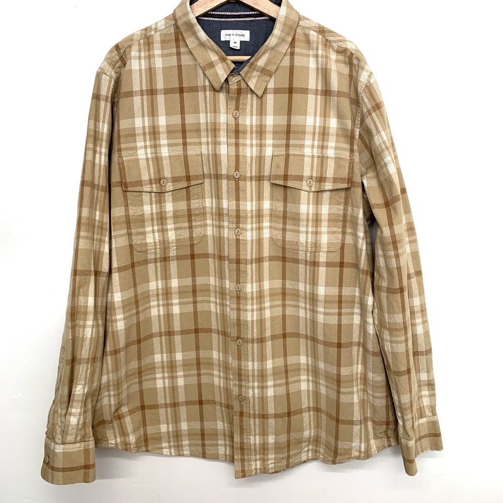 Sun Stone Plaid Corduroy Shirt Men XXL 2XL Button Front Cotton Pockets Outdoor